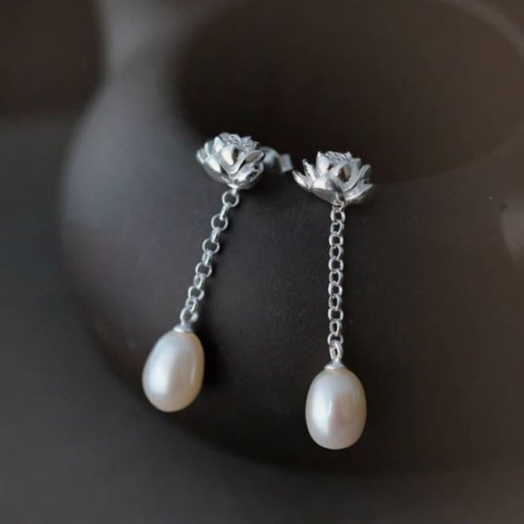 SOLD Genuine Freshwater Pearl Earrings Studs Sterling Silver Long Earrings - Picture 3 of 5